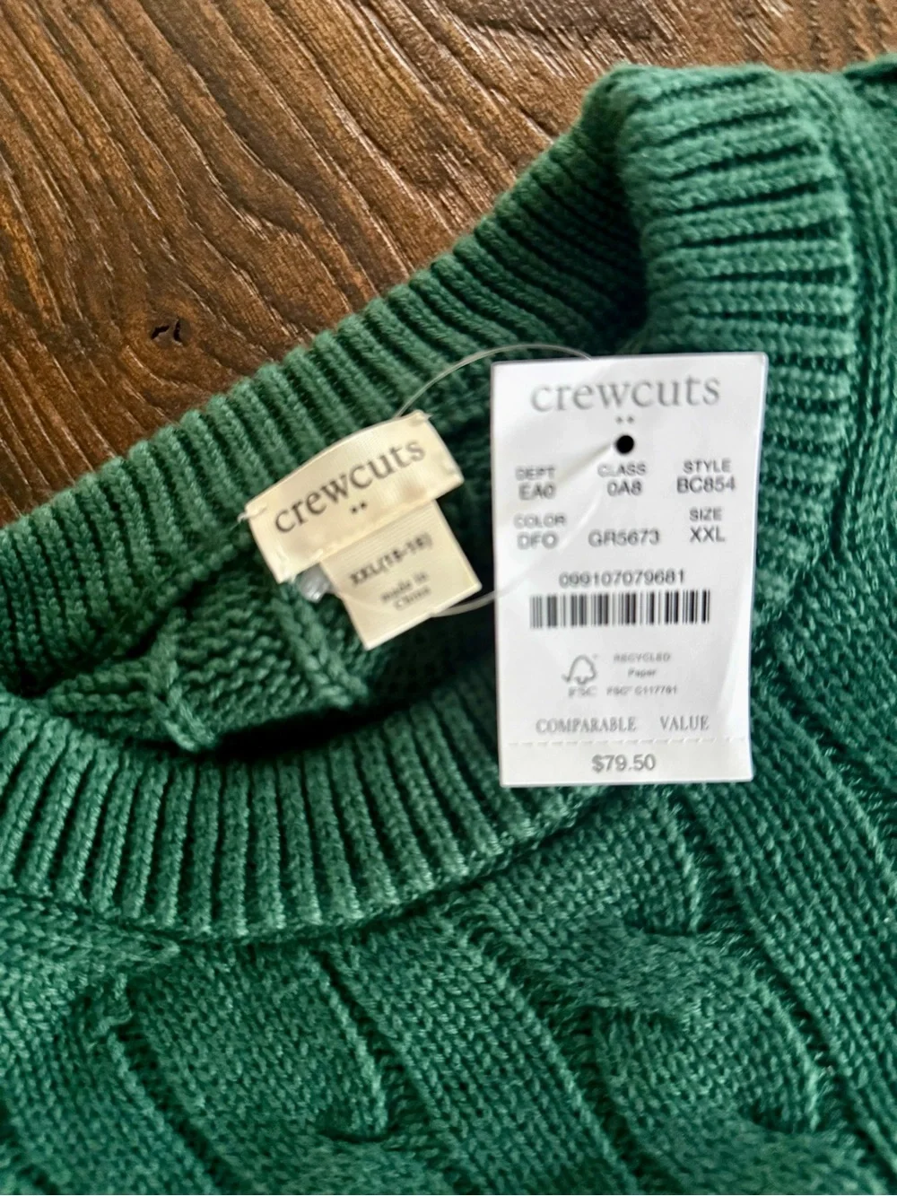 NWT J. Crew Crewcuts Emerald Green Cable Knit Crewneck Sweater